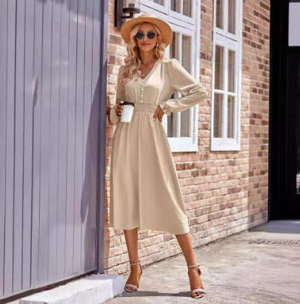 Robe mi-longue unie à col en V et taille serrée pour femme, automne et hiver