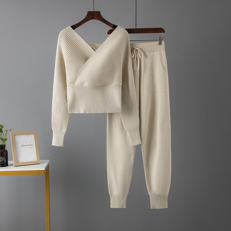 V-neck Sweater Casual Sports Pants Two-piece Set For Women