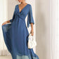 Solid Color V-neck Bell Sleeve Extra Long Dress