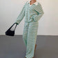 Striped Lapel Fashionable Knitted Loose Long Sleeve Top Casual Trousers Suit