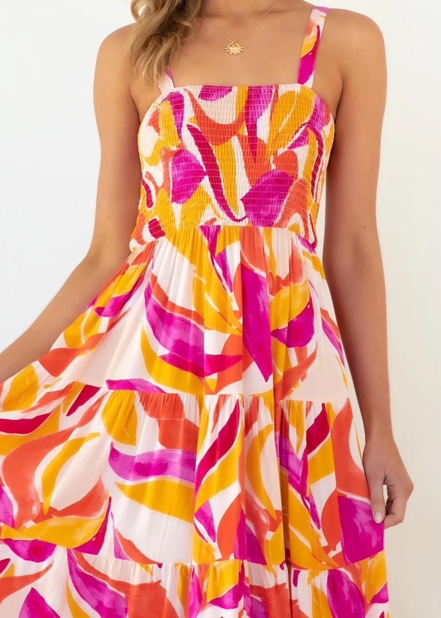 Spaghetti-strap Floral Print Pleated Dress