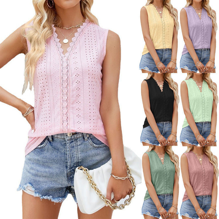 Women's Hole Hollow-out V-neck Sleeveless Stitching Vest