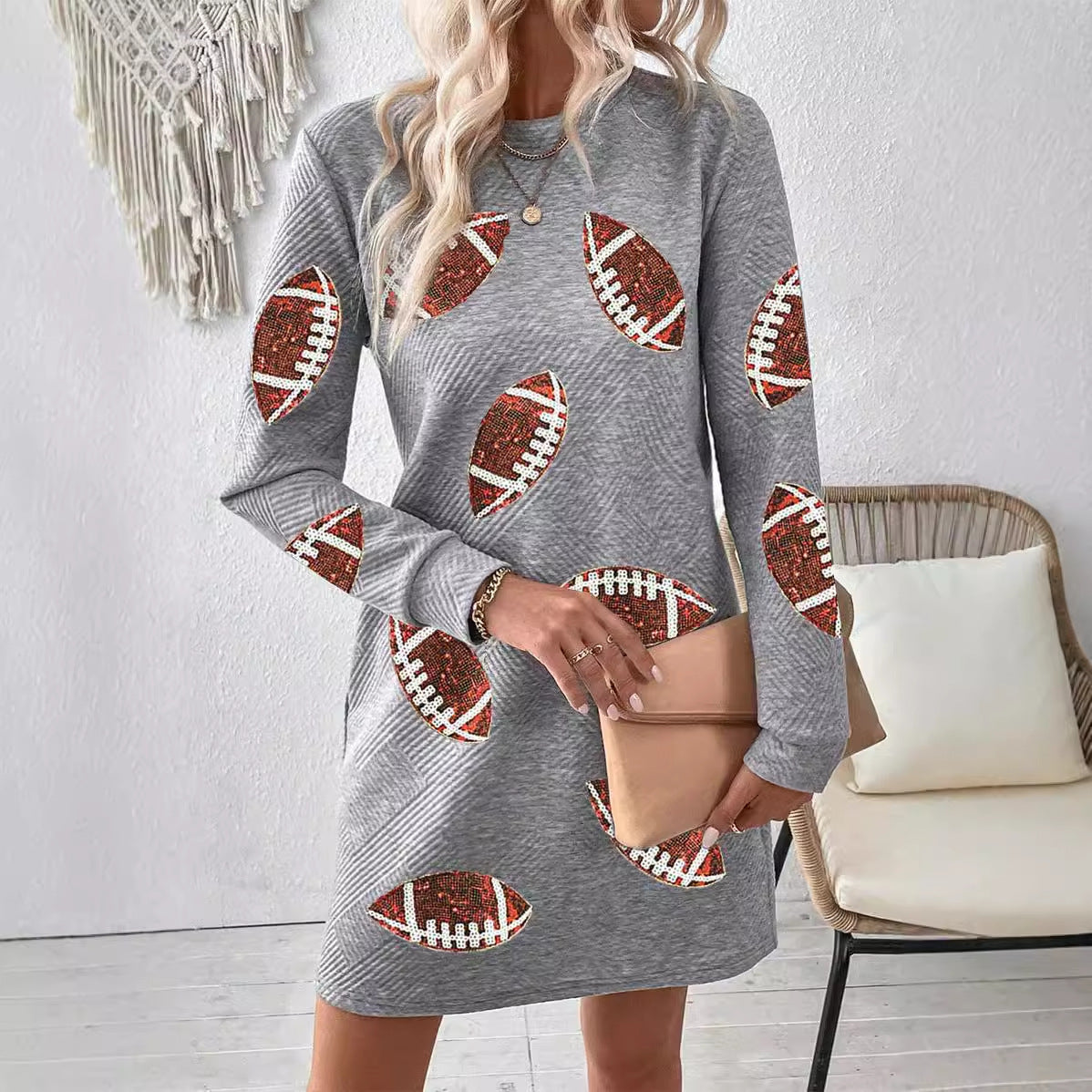 Robe pull à manches longues et col rond pour femme, imprimée rugby