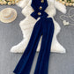 Metal Button Crew Neck Sleeveless Denim Vest High Waisted Wid Leg Pants Set