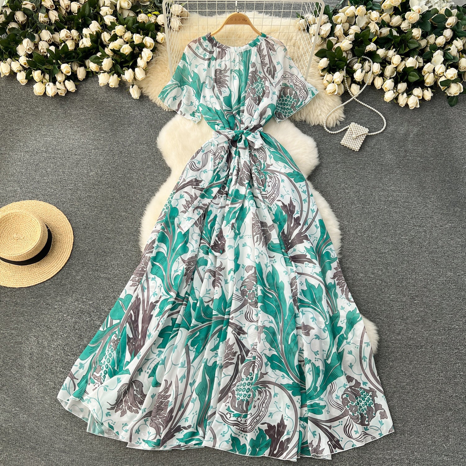 Printed Lace Up Waist-tight Dress