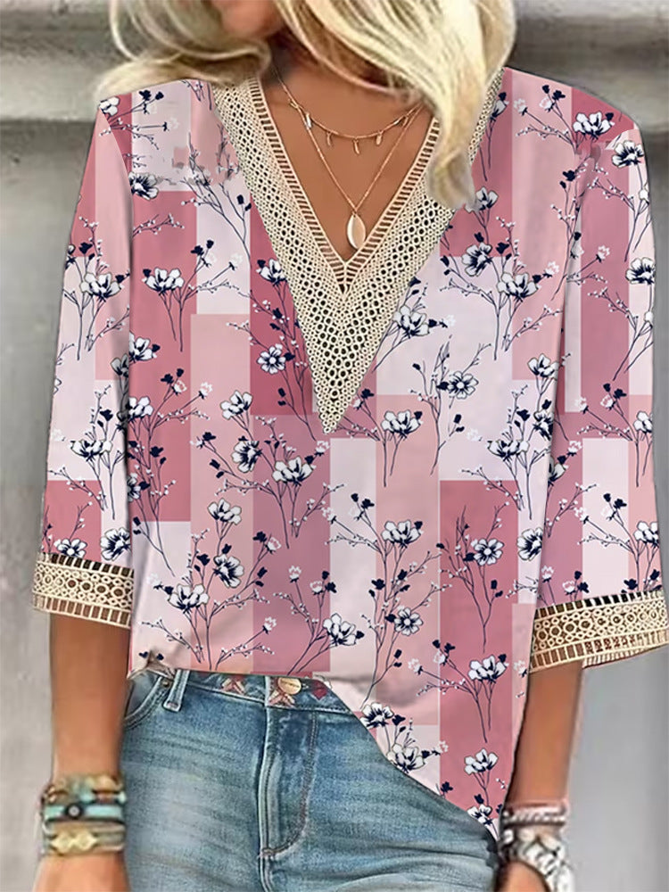 European And American Popular Fashion Loose Multi-color Floral Print Stitching Lace Half Sleeve V-neck Top