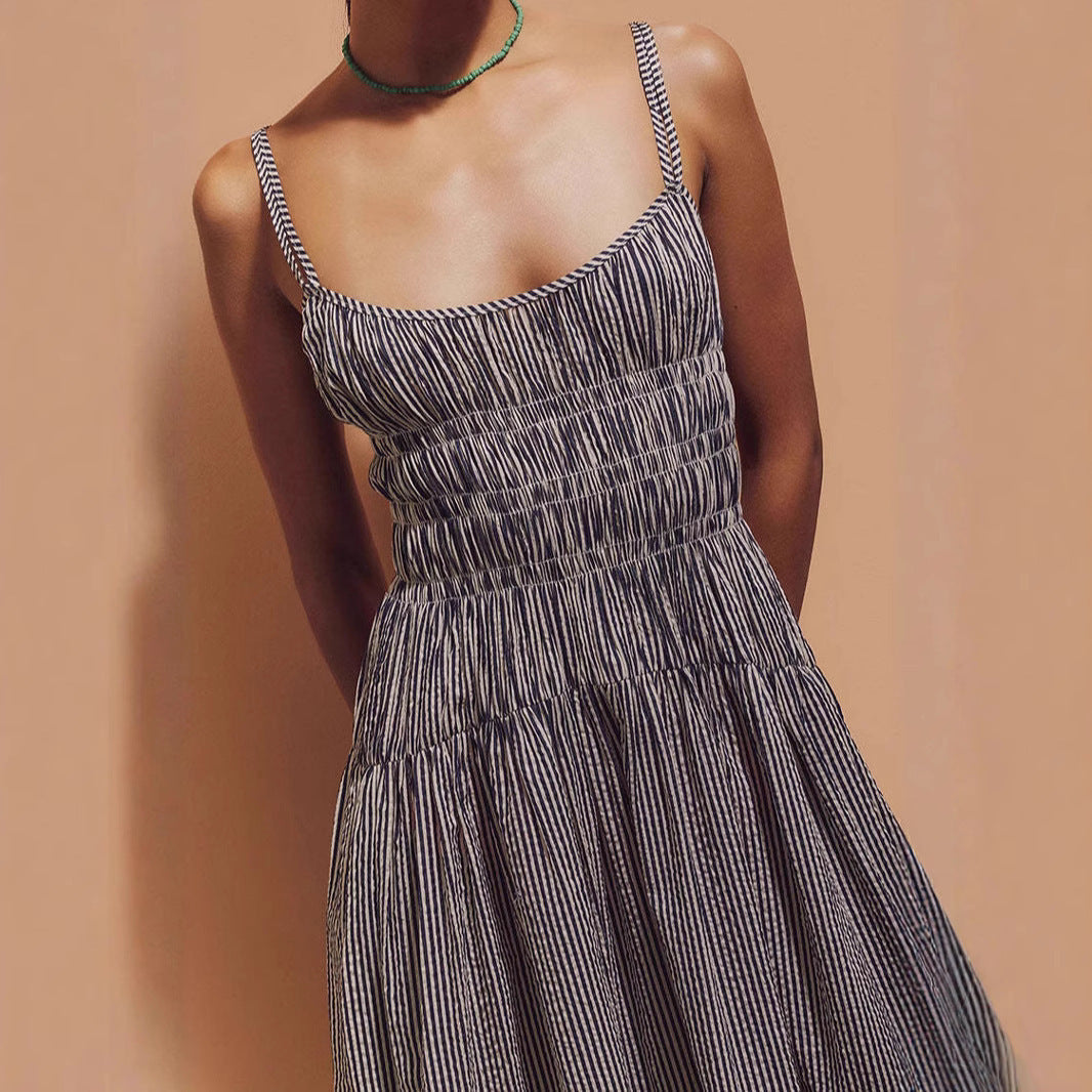 Sleeveless Pleated Striped Spaghetti Straps A- Line Skirt Dress Women