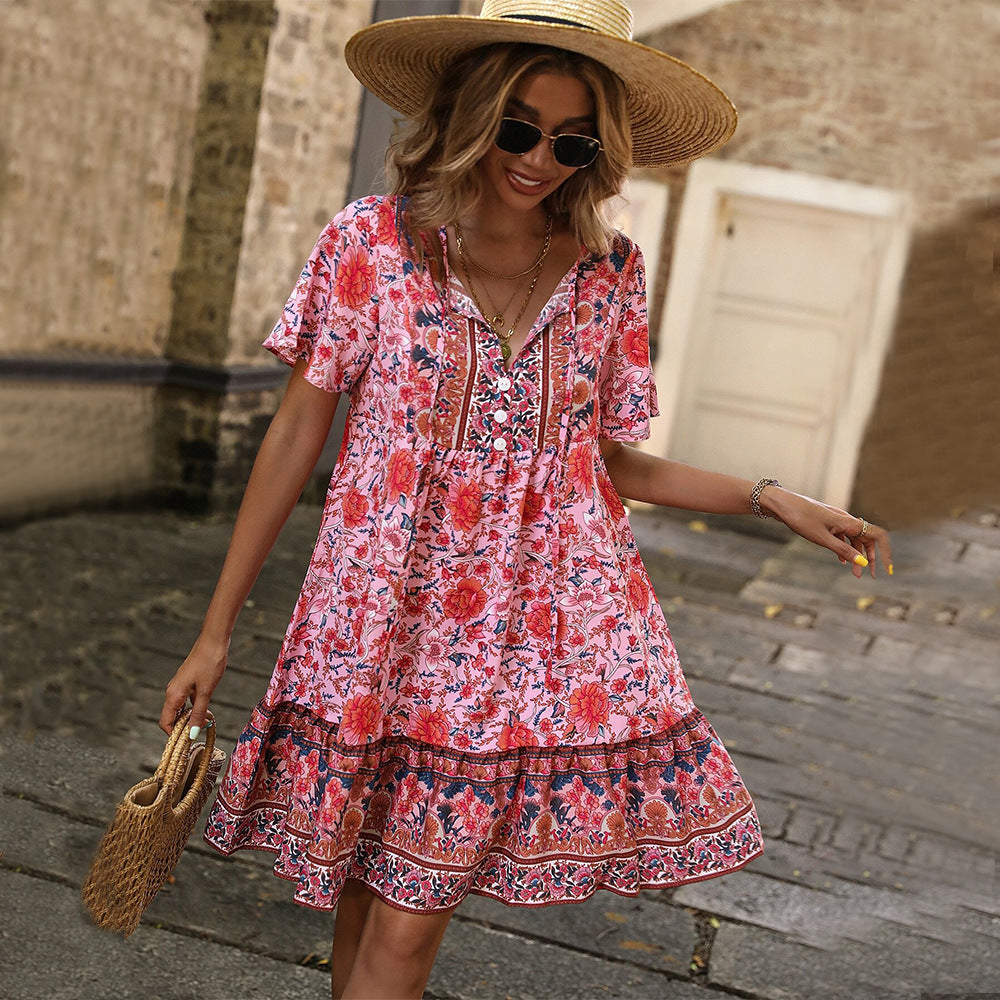Robe de vacances bohème décontractée et ample à col en V et à petites fleurs, style européen et américain