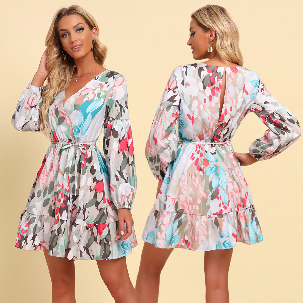 Bohemian Style V-neck Printed Lace-up Long Sleeve Women's Dress