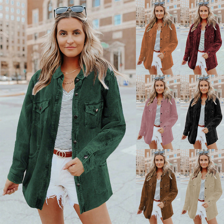 Women's Long Sleeve Solid Color Lapel Mid Shirt Jacket
