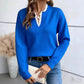 Fashionable Lace V-neck Sweater Solid Color Loose Long Sleeves Knitwear