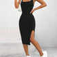 Rib Fabric Slit Solid Color Sling Slim Fit Long Dress