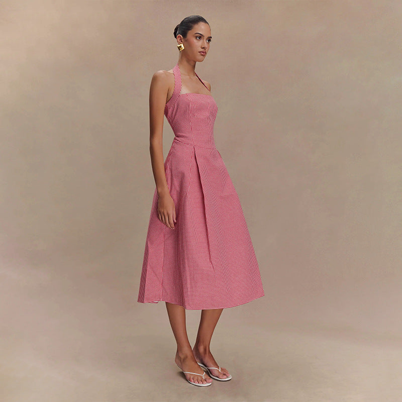 Spring New Sleeveless Backless Halter Square Collar Sling Dress