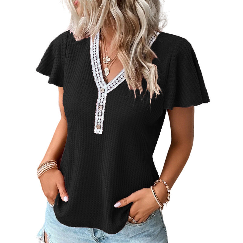 Waffle V-neck Short-sleeved T-shirt