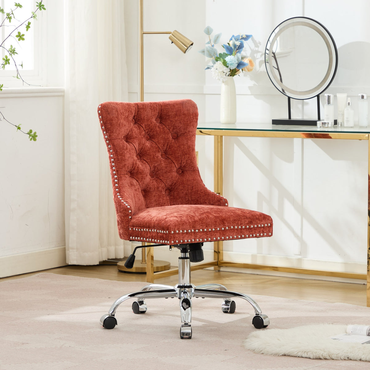 A&A Furniture Office Chair,Modern Chenille Upholstered Tufted Button Home Office Chair With Chrome Metal Base,Adjustable Desk Chair Swivel Office Chair Orange