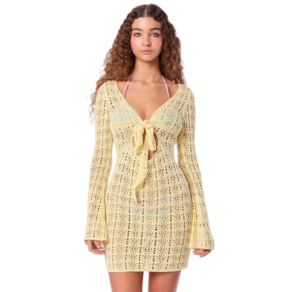 Hollow-out Side Strap Round Neck Backless Sun-proof Beach Women's Clothing Dress