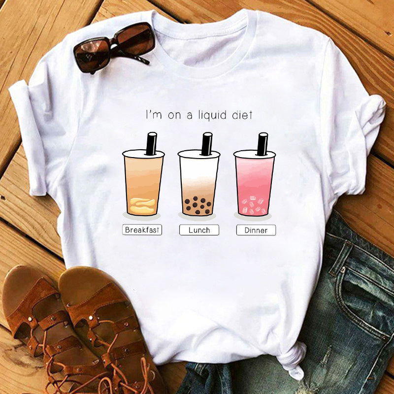 Nouveau joli imprimé thé au lait à manches courtes pour femmes