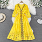 Vintage National Style Embroidery V-neck Lantern Long Sleeve Waist Closing A-line Dress