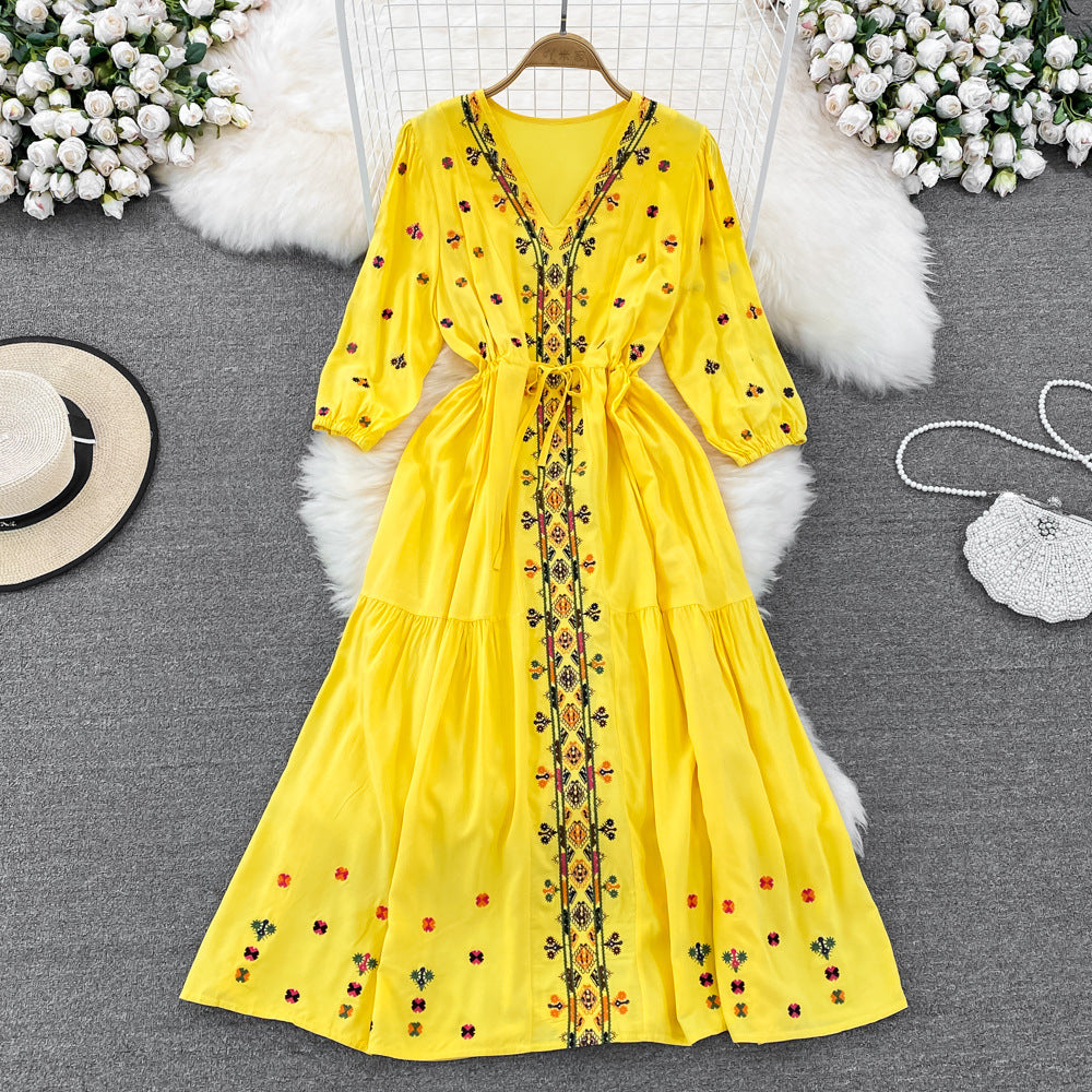Vintage National Style Embroidery V-neck Lantern Long Sleeve Waist Closing A-line Dress