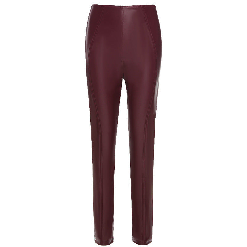 Leather Pants High Waist Bag Hip Faux Leather Feet Pants