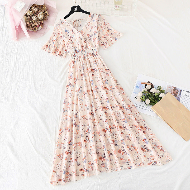 Chiffon Dress Female French Platycodon Floral Long Skirt Waist Was Thinner