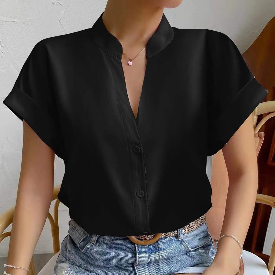 Women's Simple Solid Color And V-neck Button Cardigan Shirt