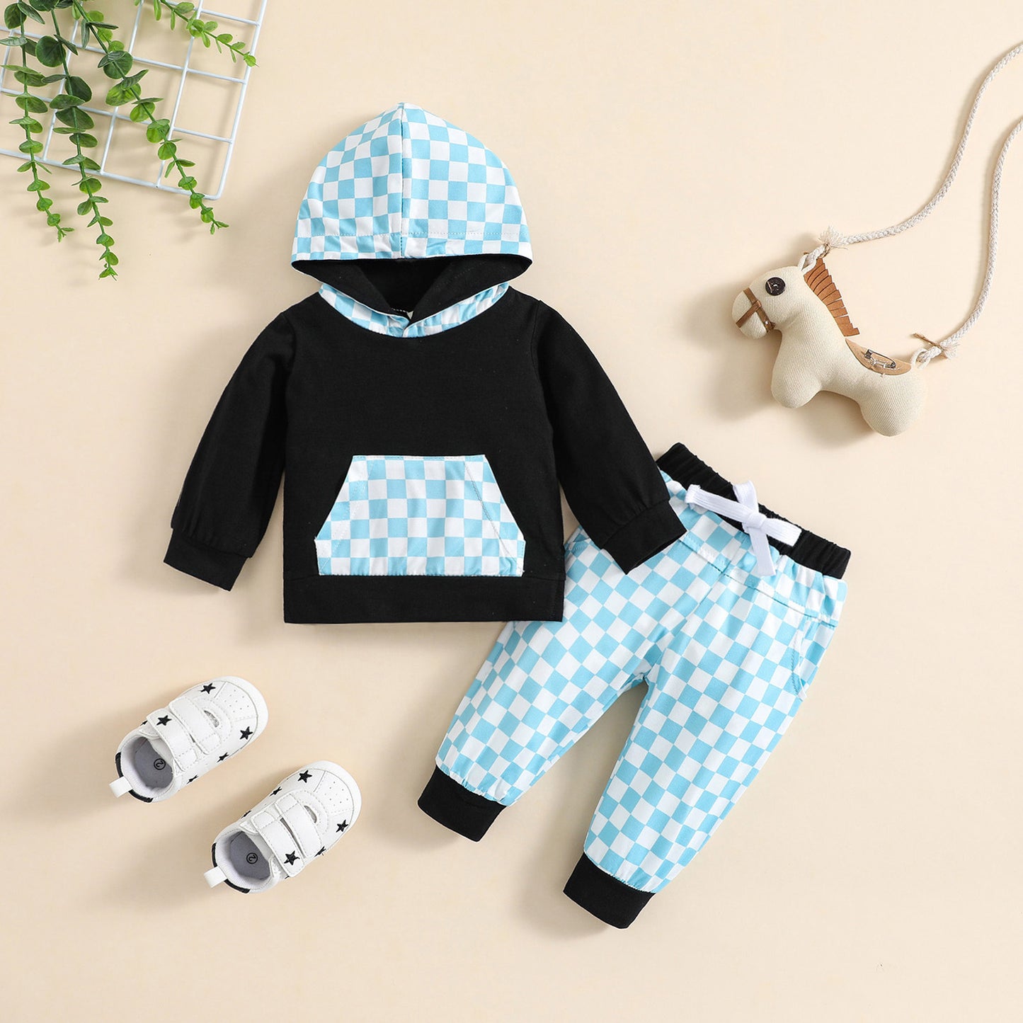 Combinaison à carreaux à capuche pour enfants, tenue de sport et de loisirs d'automne et d'hiver