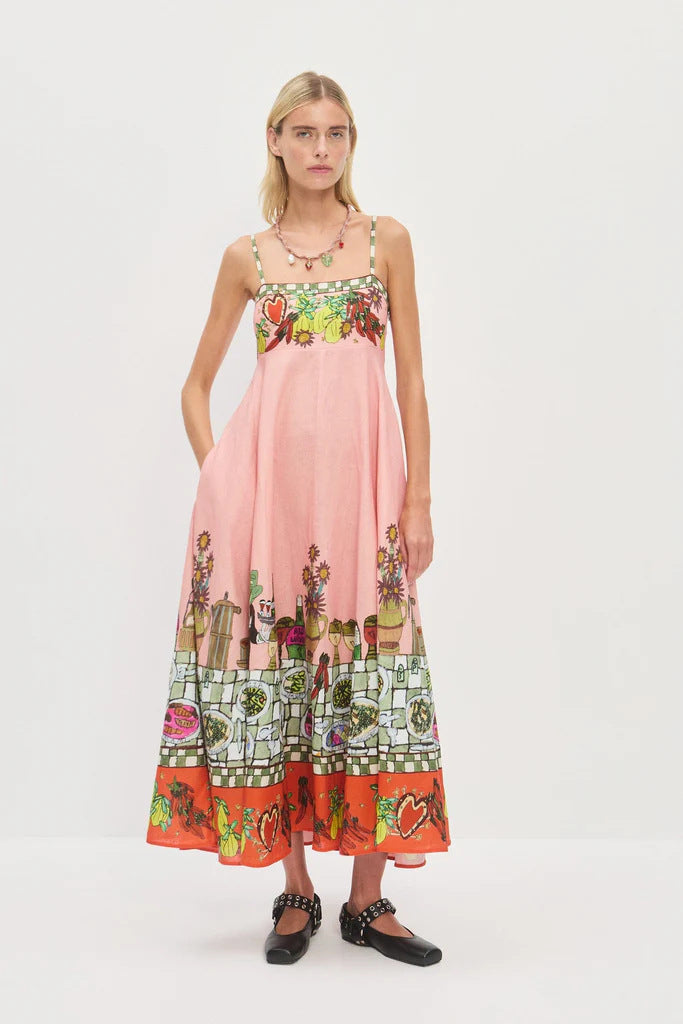 High-waisted Cotton-linen Printed Camisole Casual Fashionable Dress