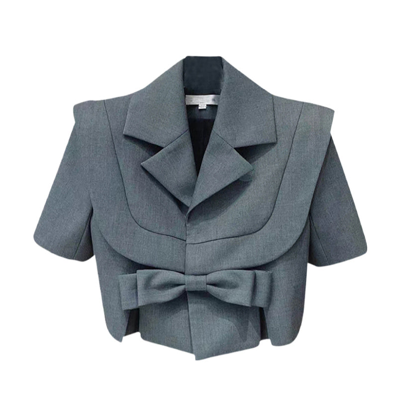 Fashion Temperament Short Design Sense Gray Bow Small Suit Jacket Women Suit Jacket