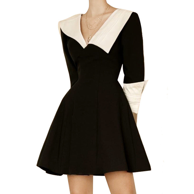 Nouvelle robe slim de luxe légère à col en V et contraste de couleurs noir et blanc