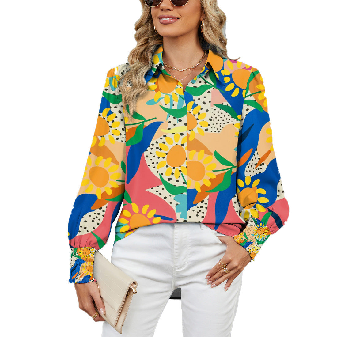 Printed Top Lapel Lantern Sleeve Shirt