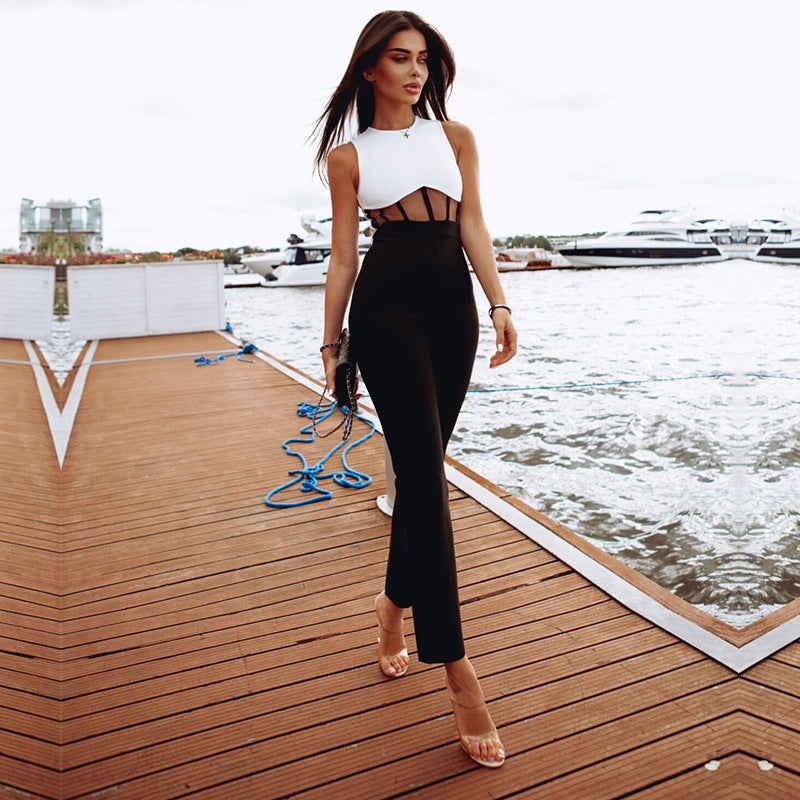 Cross-border Black And White Stitching Mesh See-through Women's Tight Dress