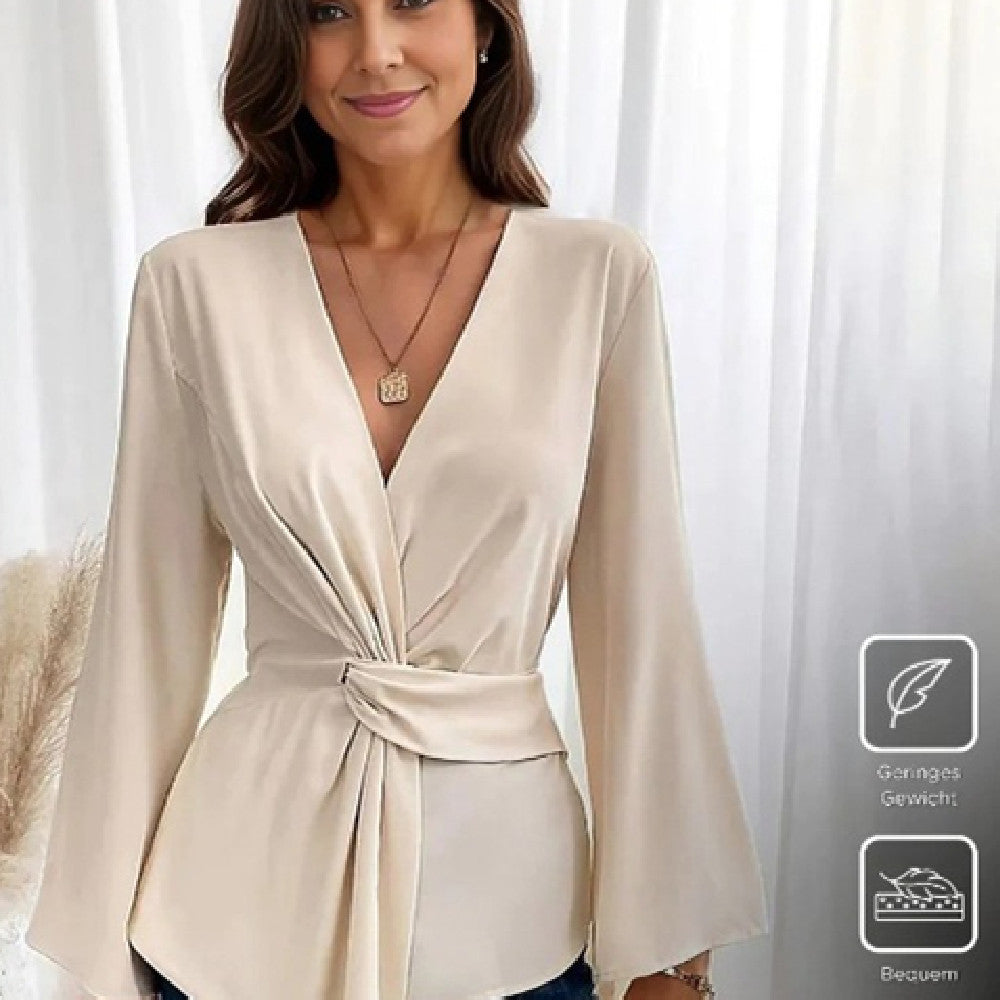 Women's V-neck Spring And Summer Long Sleeves Solid Color Loose Top
