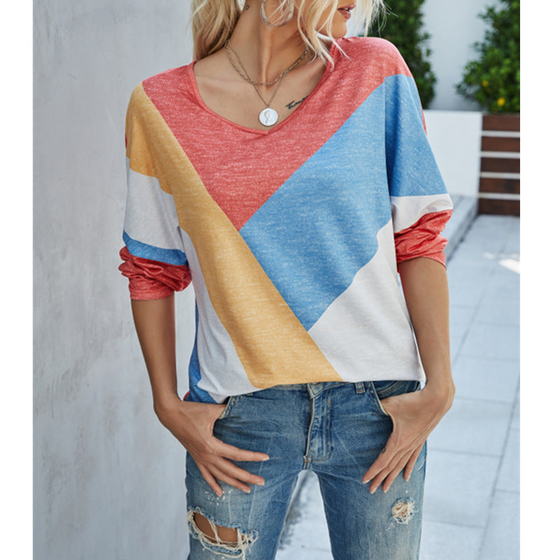 Fashion Printed Long-sleeved T-shirt V-neck Top