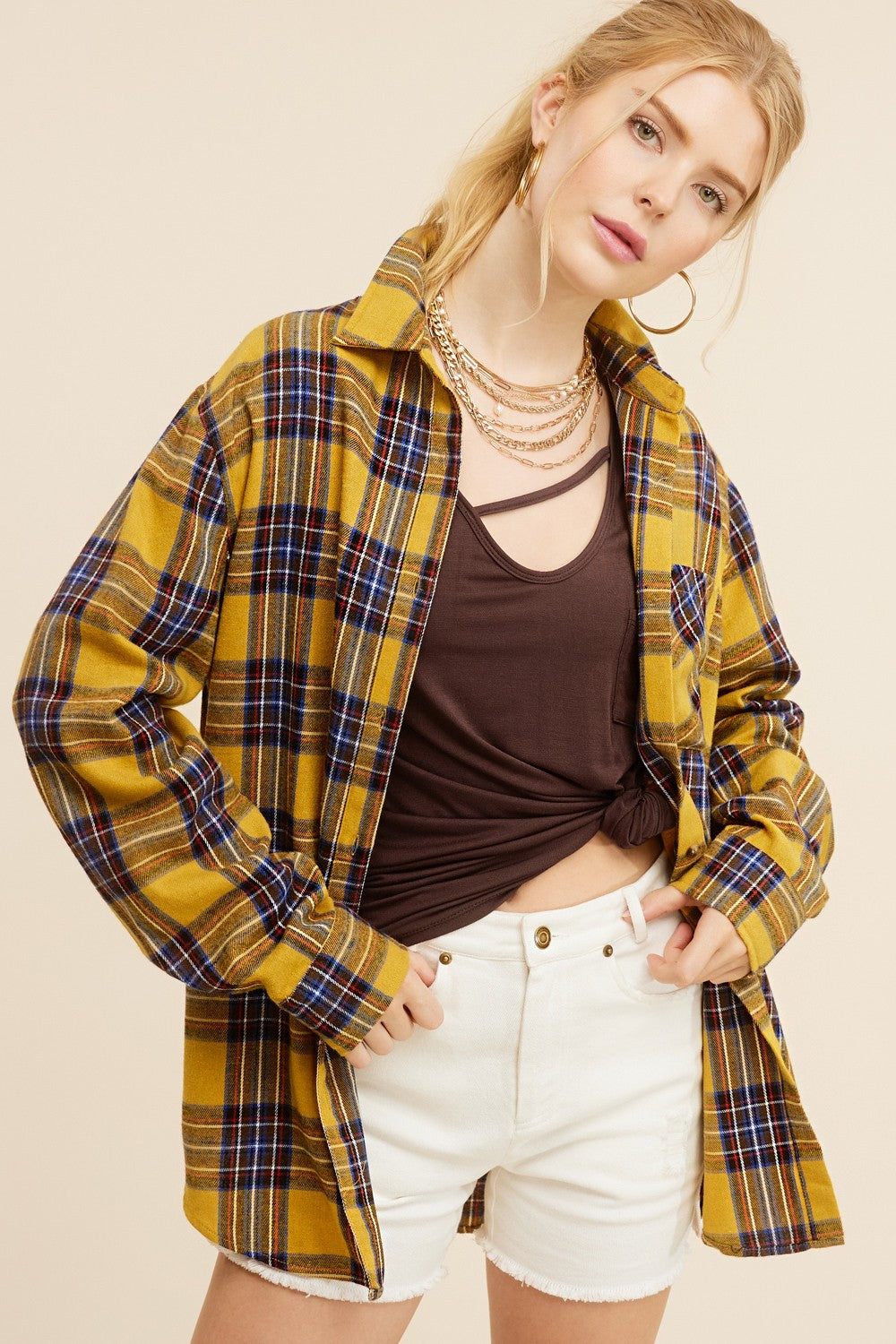 Women's Fashion Polo Collar Pocket Single-breasted Plaid Shirt