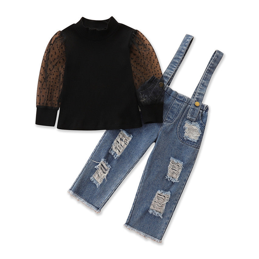 Girls' Suit New Children's Mesh Sleeves Top Denim Suspender Pants Two-piece Set