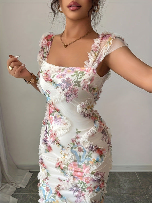 Elegant And Romantic Mesh Floral Print Pleated Midi Dress