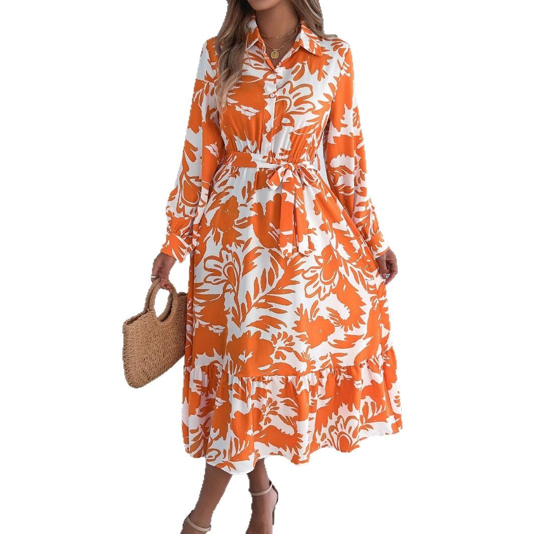 Women's Clothing Spring And Summer Leisure Flower Long Sleeve Shirt Skirt
