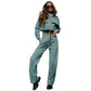 European And American Solid Color Zipper Double Bag Drawstring Long Sleeve Top Fashion Casual Trousers Suit Women