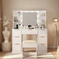 White Vanity Desk With Mirror And Lights, Modern Makeup Vanity Table W-7 Drawers And 4 Storage Shelves, Bedroom Dressing Table With Cushioned Stool, 10 LED Lights, 3 Lighting Modes White