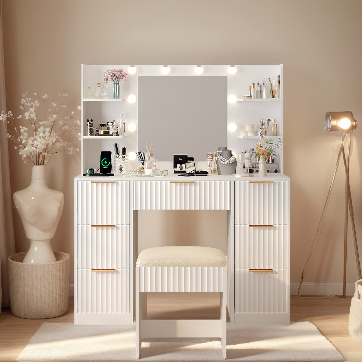 White Vanity Desk With Mirror And Lights, Modern Makeup Vanity Table W-7 Drawers And 4 Storage Shelves, Bedroom Dressing Table With Cushioned Stool, 10 LED Lights, 3 Lighting Modes White