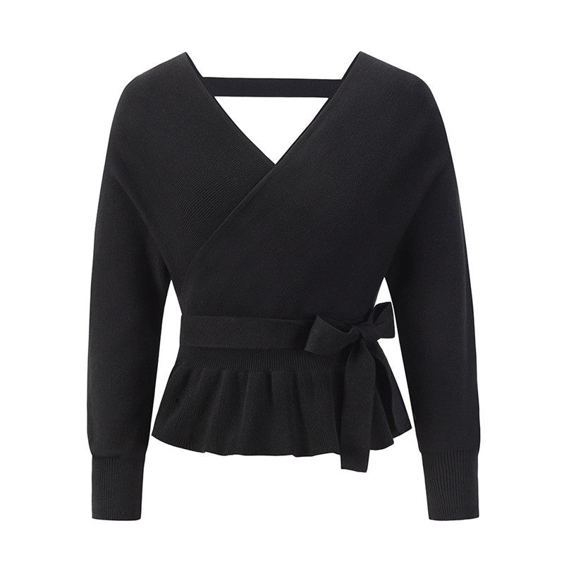 Ladies Autumn Winter Short Pullover V-Neck Knitted Top