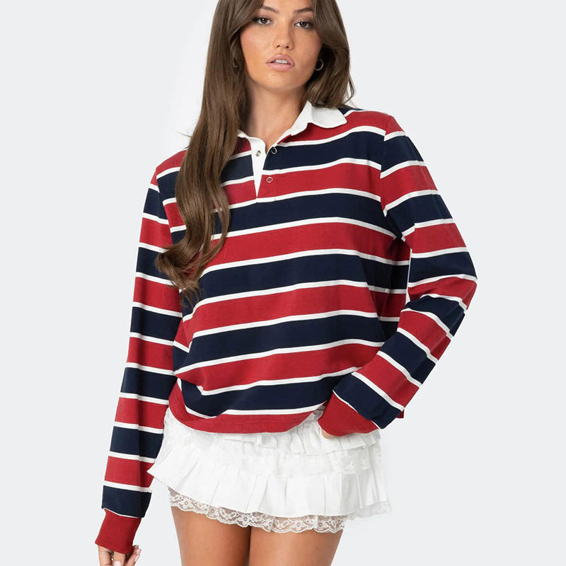 Women's American Street Striped Lapel Long Sleeve Short Top