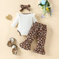 Embroidered Long-sleeved Triangle Romper Bow Leopard Print Bell-bottom Pants European And American