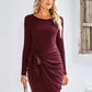 Round Neck Long Sleeve Solid Color Knot Dress