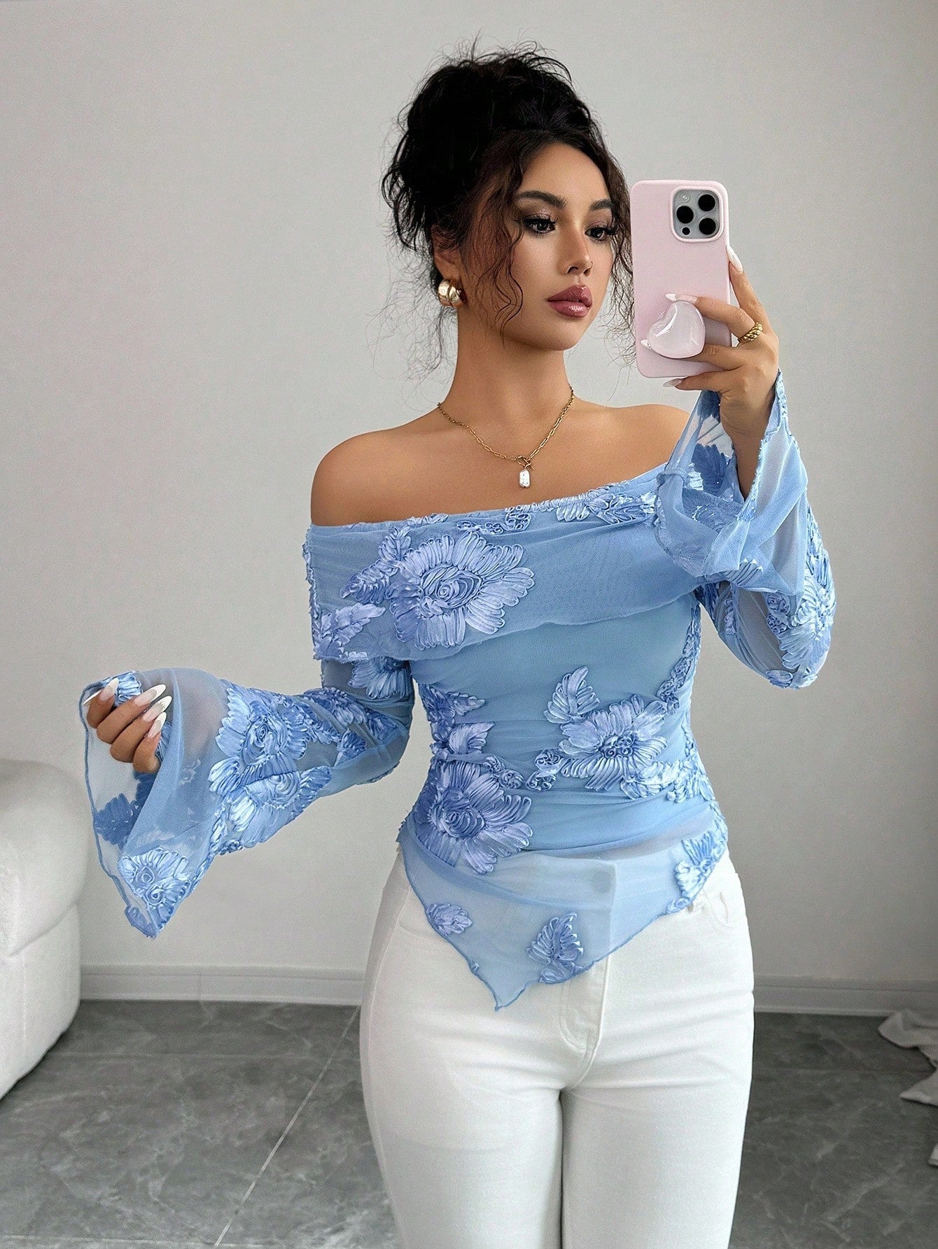 New One-shoulder Trumpet Sleeve Asymmetric Hem Embroidery Versatile Stylish Top