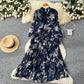 V-Neck Lace-Up Waist-Fitted Printed Chiffon Dress For Women