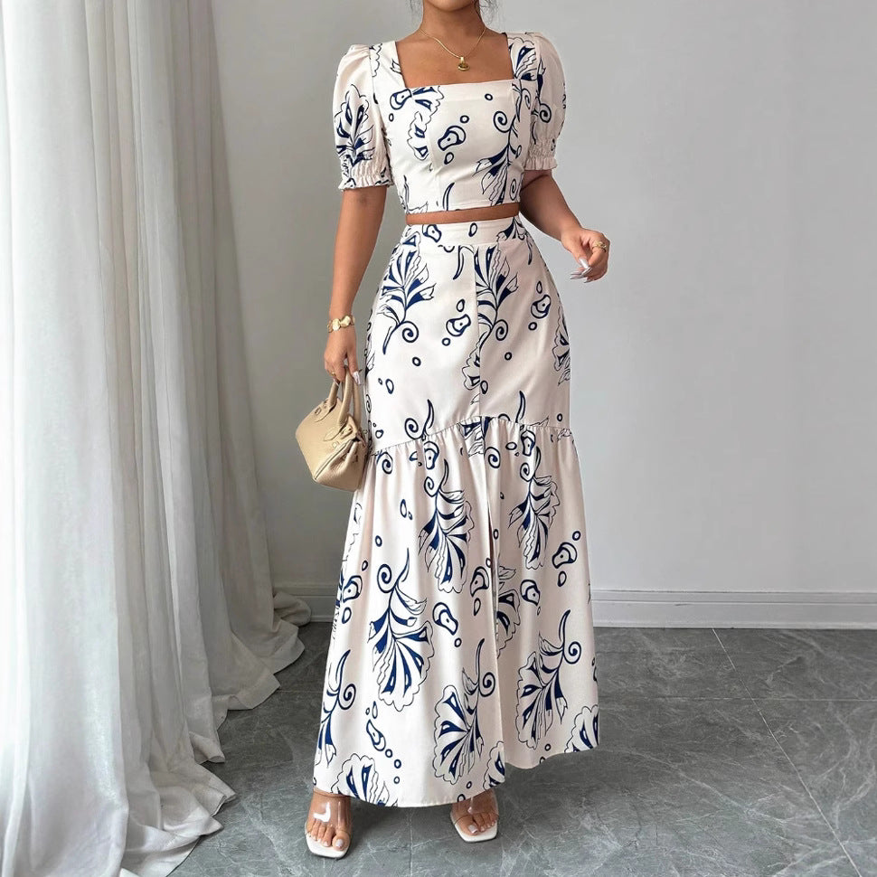 New Printed Square Neck Short Sleeve Skirt Set