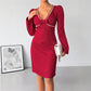 Sweet Retro Bow Pearl Decoration Deep V-neck Red Dress