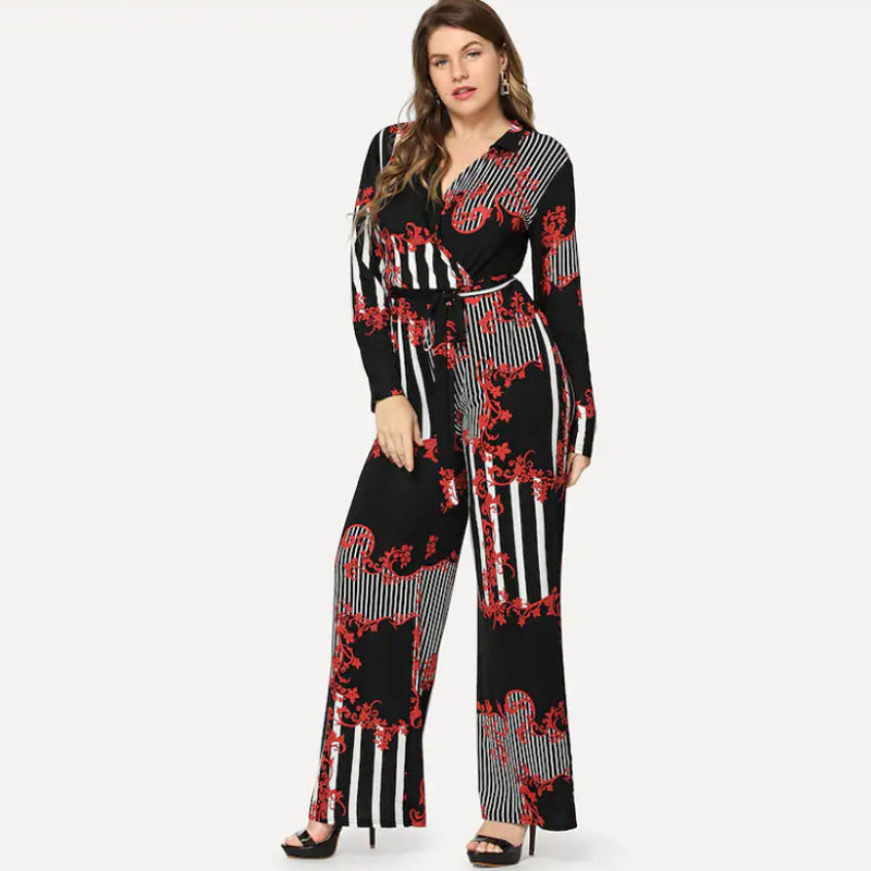 Women's printed trousers lace up jumpsuit